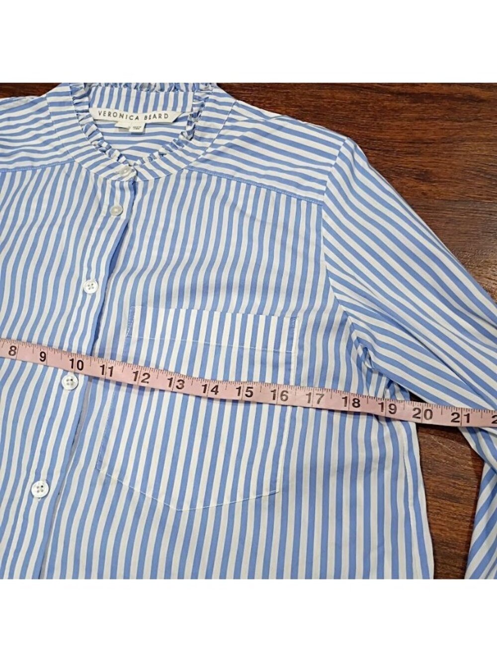 Veronica Beard Blue & White Striped Ruffle Collar Button-Down Shirt Size 6 - Picture 11 of 12
